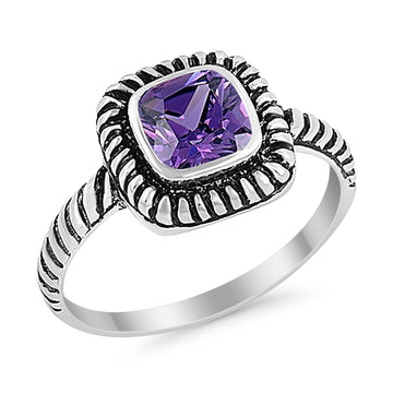Princess Cut Simulated Amethyst Cubic Zirconia Oxidized Design Ring 925 Sterling Silver